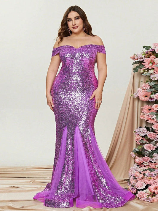 Plus-Size Off-Shoulder Sequin Tulle Sleeveless Mermaid Evening Gown — authorized product image 1