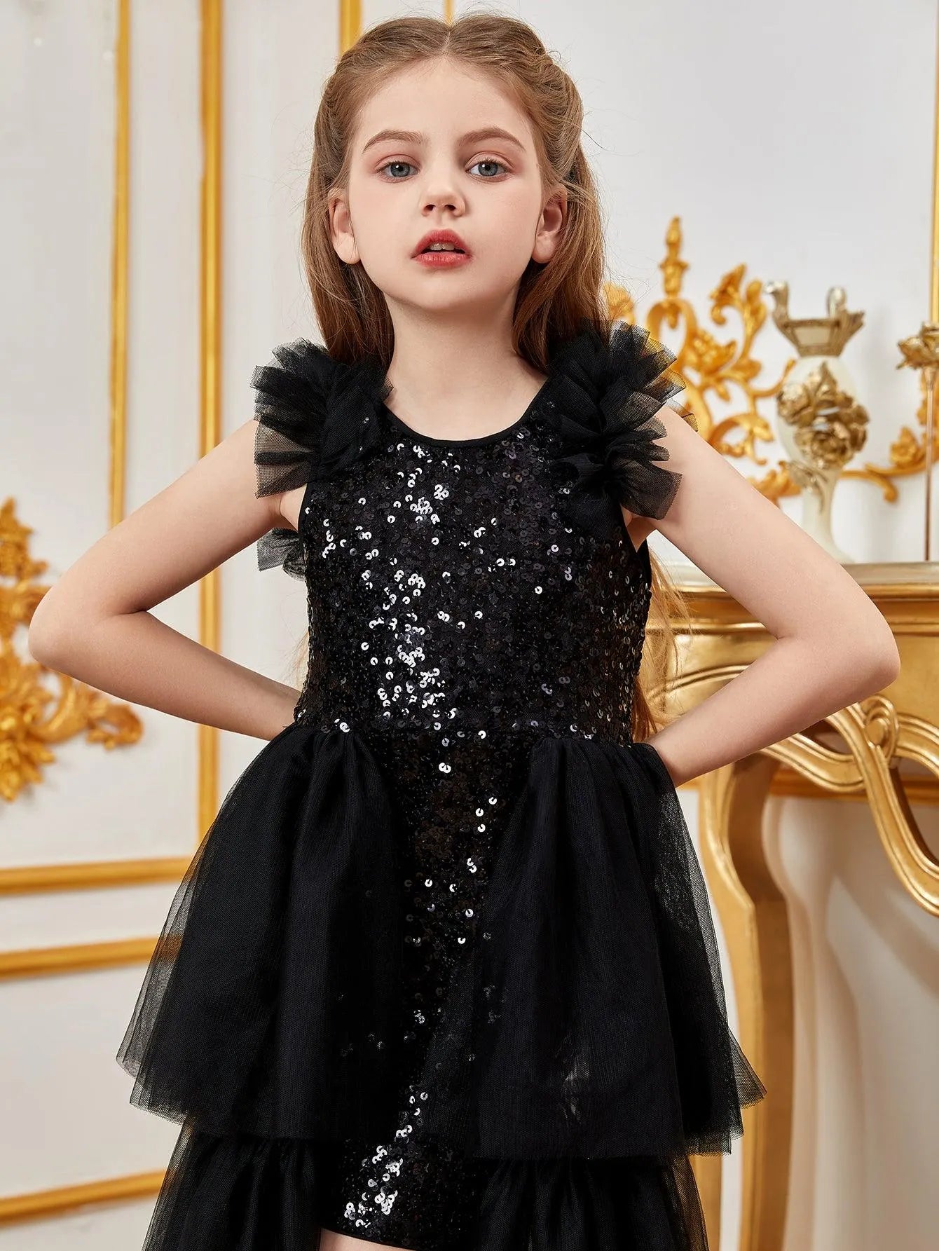 Additional product view of Layered Hem Sequin A-Line Sleeveless Mesh Midi Tween Girls' Party Dress