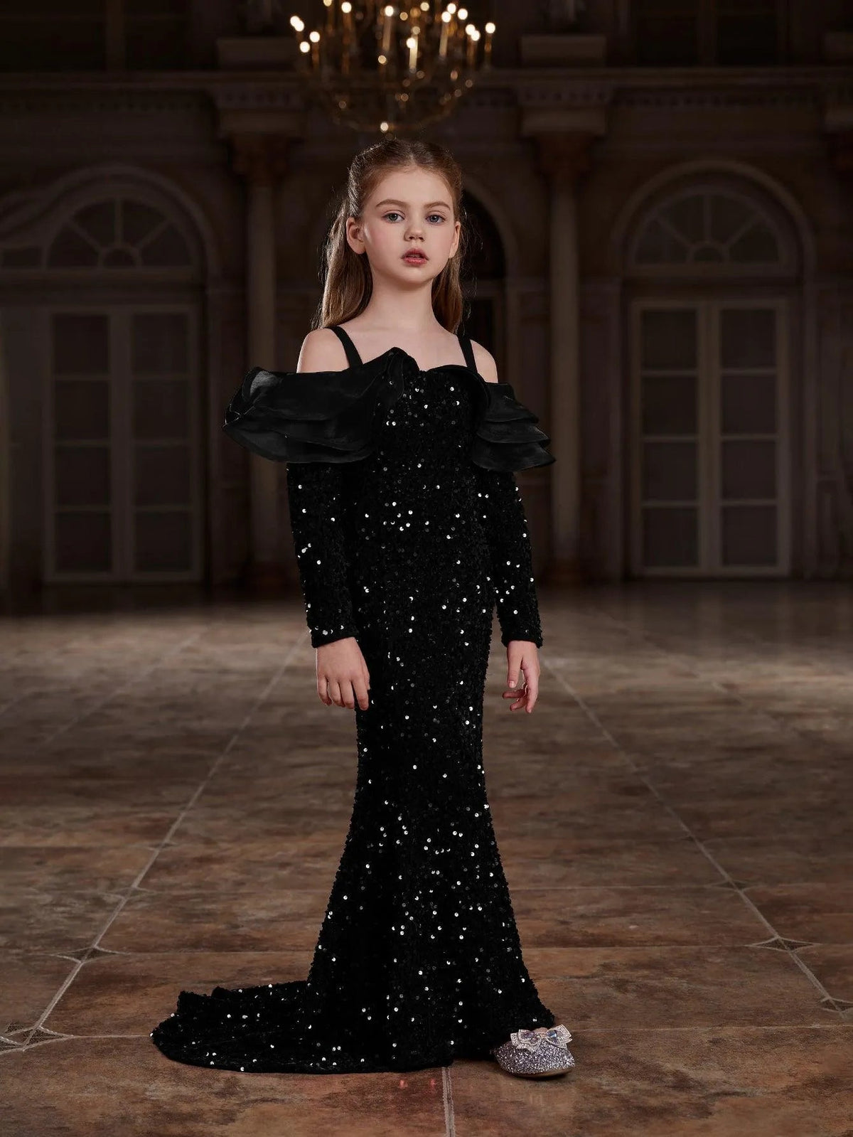 Additional product view of Ruffle Trim Off-Shoulder Sequin Mermaid Long-Sleeve Tween Girls' Party Dress