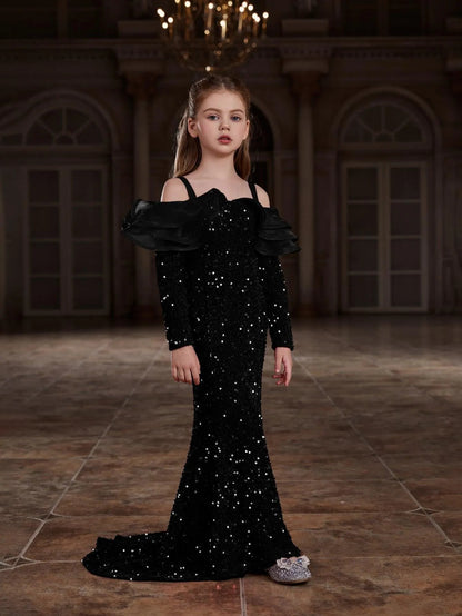 Additional product view of Ruffle Trim Off-Shoulder Sequin Mermaid Long-Sleeve Tween Girls' Party Dress