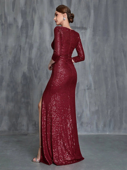Women's Plunging Neck Split Sequin Formal Dress – view 2
