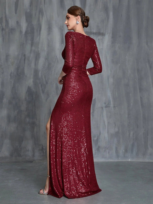 Women's Plunging Neck Split Sequin Formal Dress – view 2