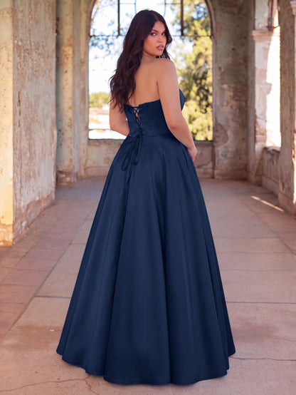 Additional view of Plus-Size Strapless Satin A-Line Evening Gown with High Slit