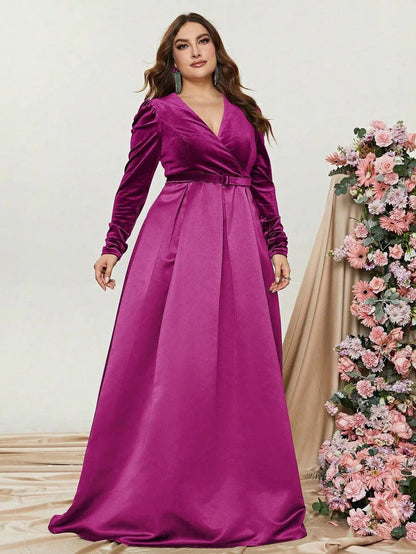 Plus V Neck Long Sleeve Belted Satin A Line Dress