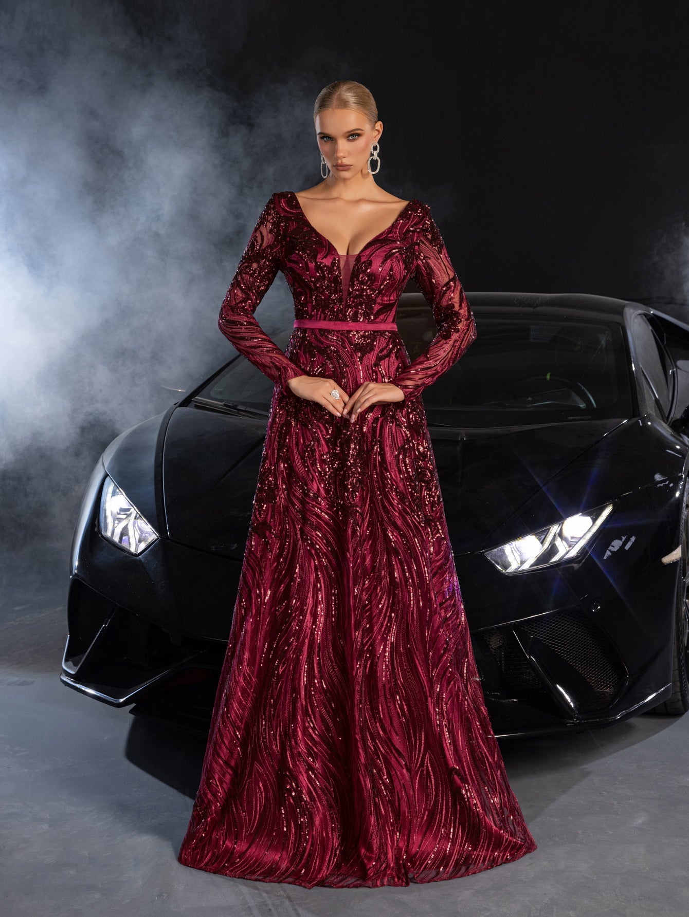 Elegant Plunging Neck Lace-up Back Graphic Sequin Formal Prom Dress