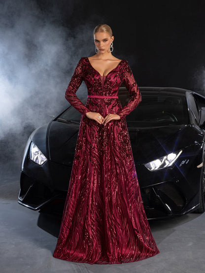 Elegant Plunging Neck Lace-up Back Graphic Sequin Formal Prom Dress