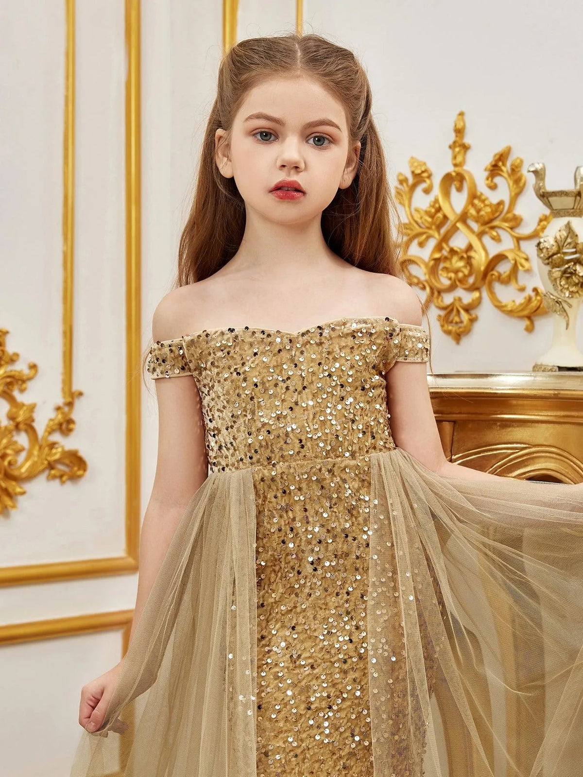 Additional product view of Mesh Overlay Off-Shoulder Sequin Mermaid Short-Sleeve Maxi Tween Girls' Party Dress