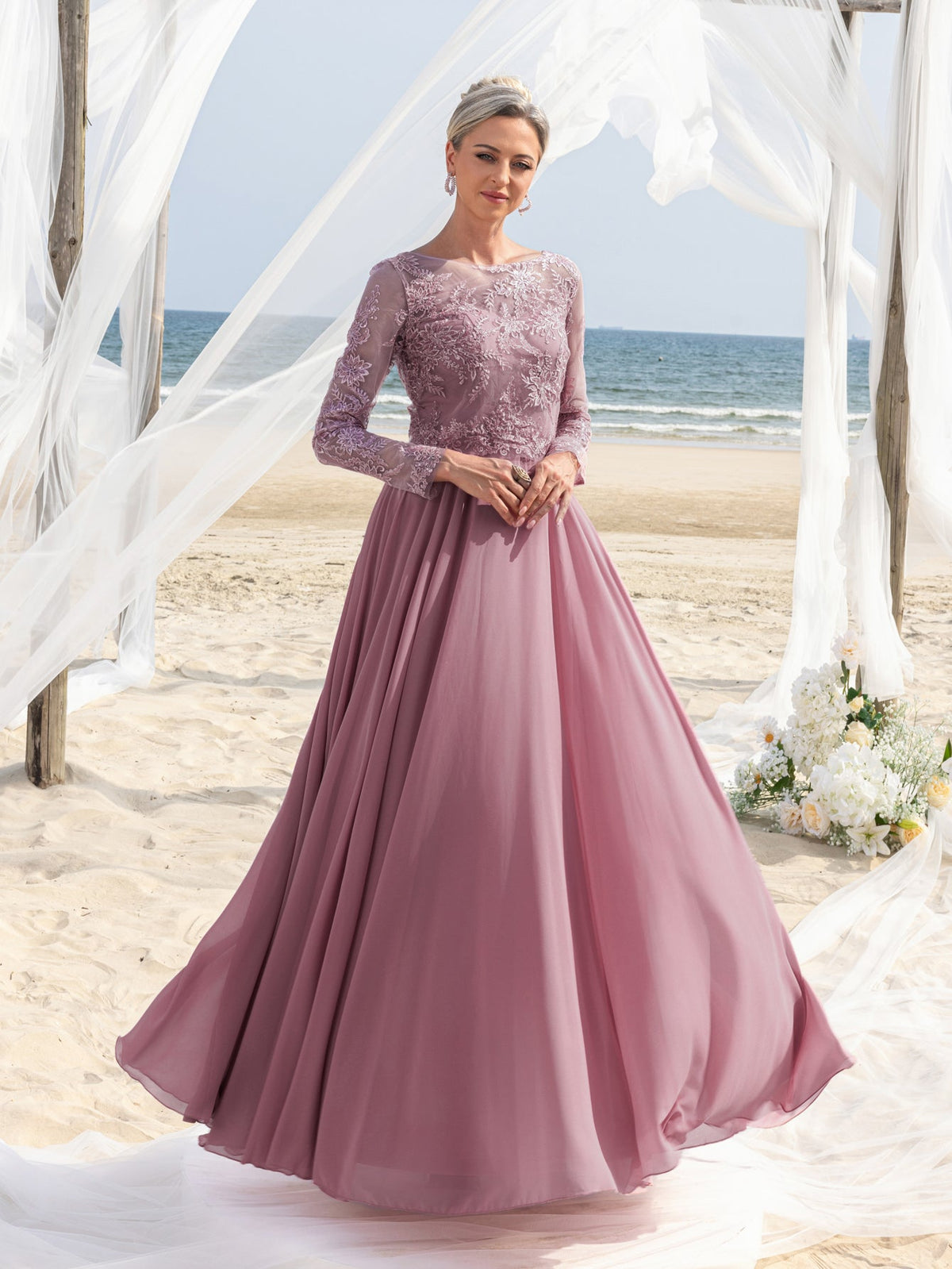 Chiffon Skirt Lace Boat-Neck Long-Sleeve A-Line Mother-of-the-Bride Dress in Mauve Purple