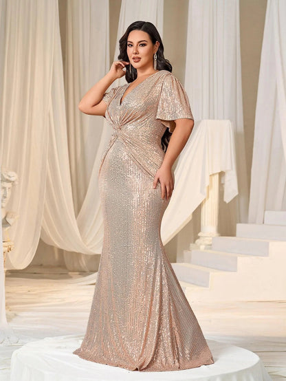 Additional product view of Twist Front Plunging-Neck Plus-Size V-Neck Sequin Evening Gown