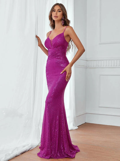 Elegant Plunging Neck Ruched Front Sequin Cami Dress – view 4