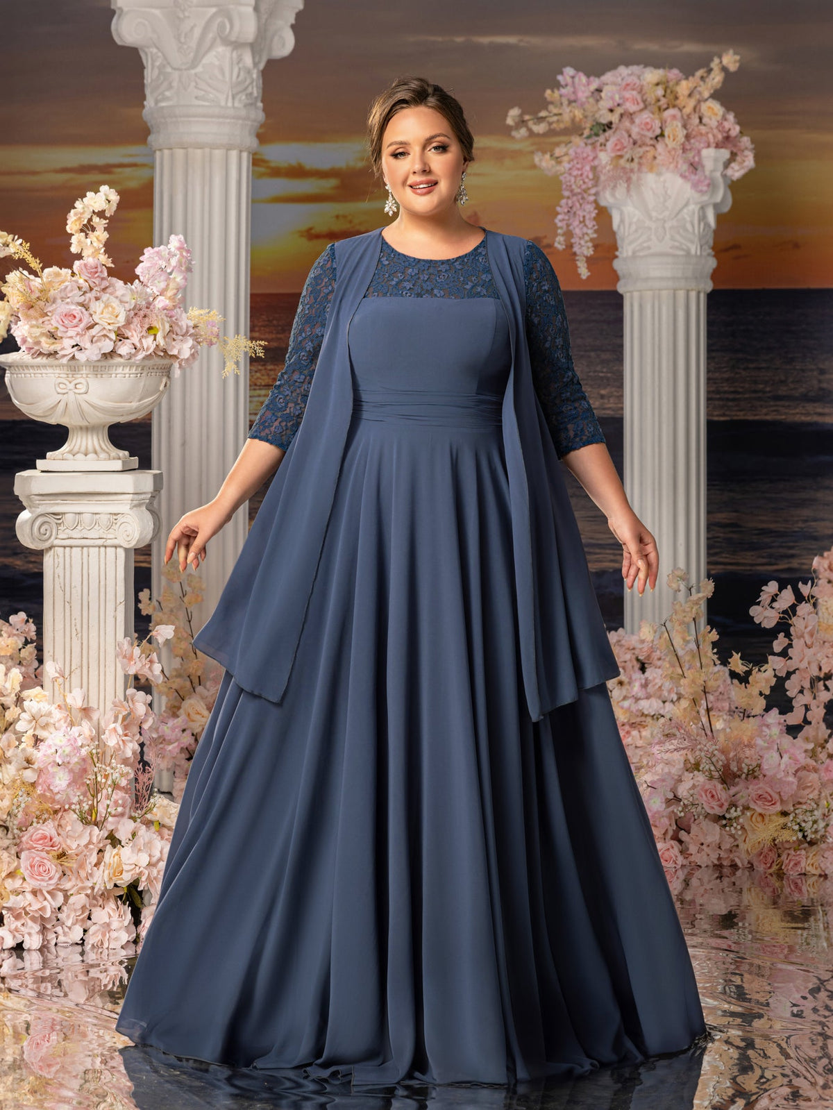 Plus-Size Lace A-Line Floral Maxi Mother-of-the-Bride Dress in Blue Ashes