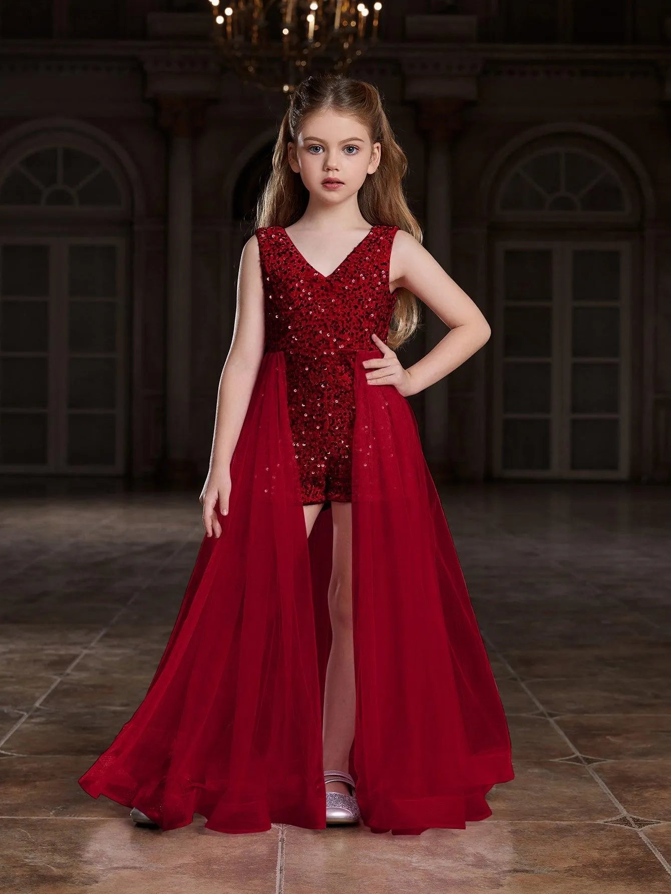 Additional product view of Mesh Overlay V-Neck Sequin Sleeveless Tween Girls' Formal Romper