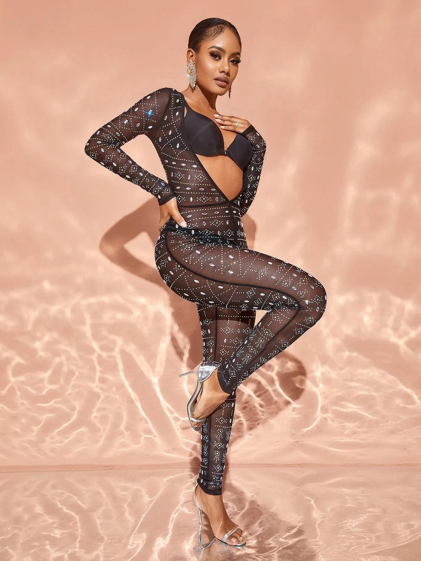 Chic Rhinestone Detail Plunging Neck Sheer Mesh Jumpsuit – view 4