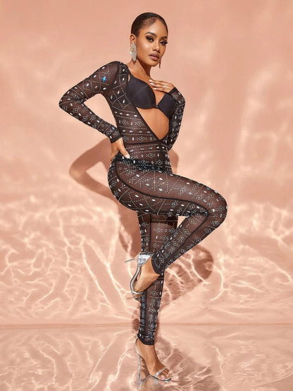 Chic Rhinestone Detail Plunging Neck Sheer Mesh Jumpsuit – view 4