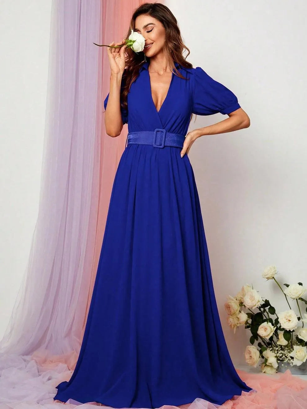 Additional product view of Deep V-Neck Puff-Sleeve Chiffon A-Line Maxi Evening Gown