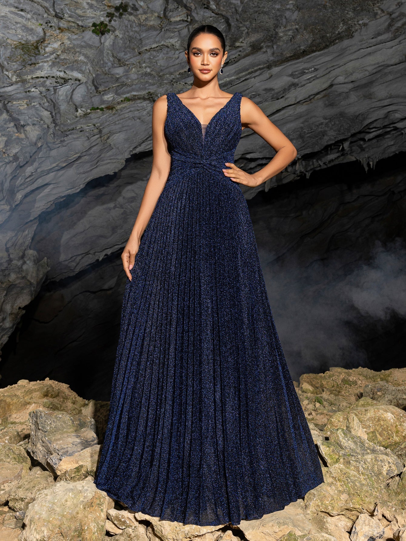 Glitter V Neck Sleeveless Maxi A Line Pleated Dress