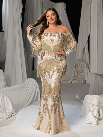 Plus Gorgeous Fringed Trim Off-Shoulder Mermaid Hem Sequin Formal Dress Evening Gown