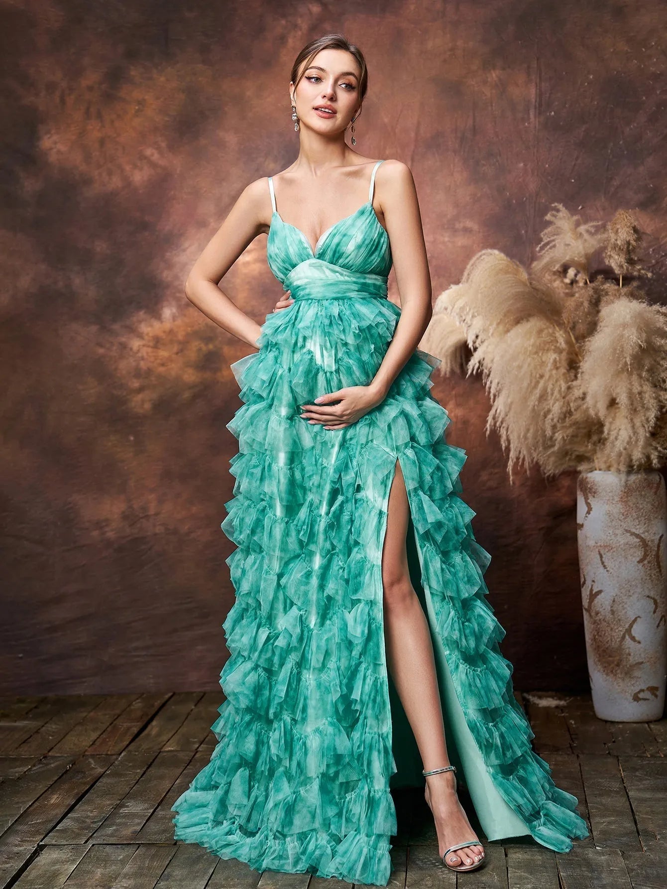 Maternity Plunging Ruffle Sleeveless A-Line Evening Gown — authorized product image 1