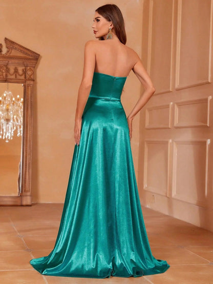 Additional product view of Twist Front High-Slit Strapless Satin A-Line Evening Gown