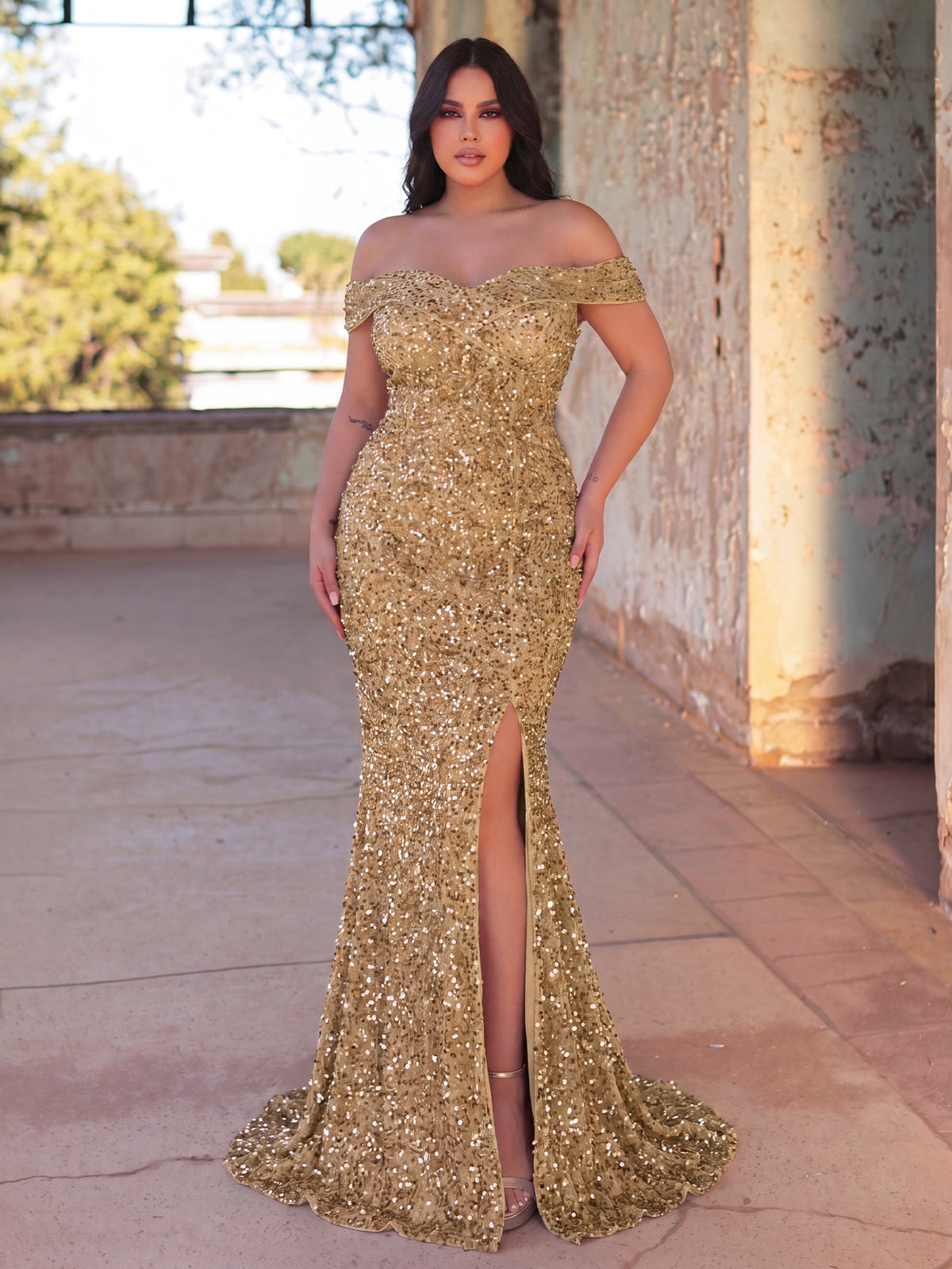 Plus-Size Off-Shoulder Sequin Mermaid Short-Sleeve Evening Gown in Champagne