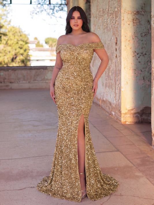 Plus-Size Off-Shoulder Sequin Mermaid Short-Sleeve Evening Gown in Champagne