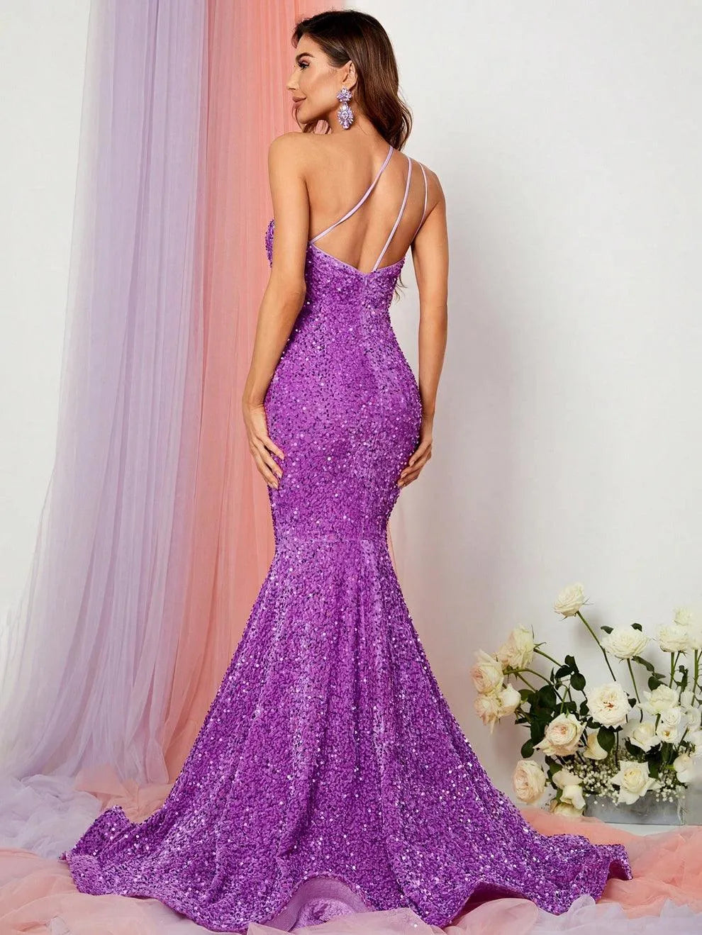 Additional product view of One-Shoulder Sequin Mermaid Sleeveless Maxi Evening Gown