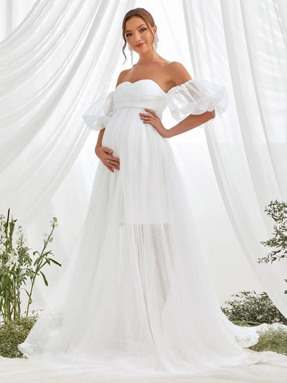 Additional product view of Mesh Overlay Puff-Sleeve Off-Shoulder A-Line Maxi Maternity Evening Dress
