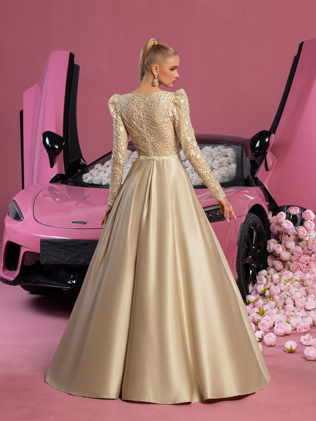 Elegant V Neck Lace Bodice Satin A-line Prom Dress