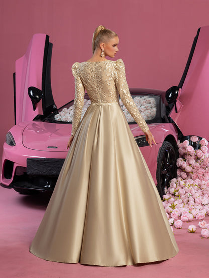 Elegant V Neck Lace Bodice Satin A-line Prom Dress