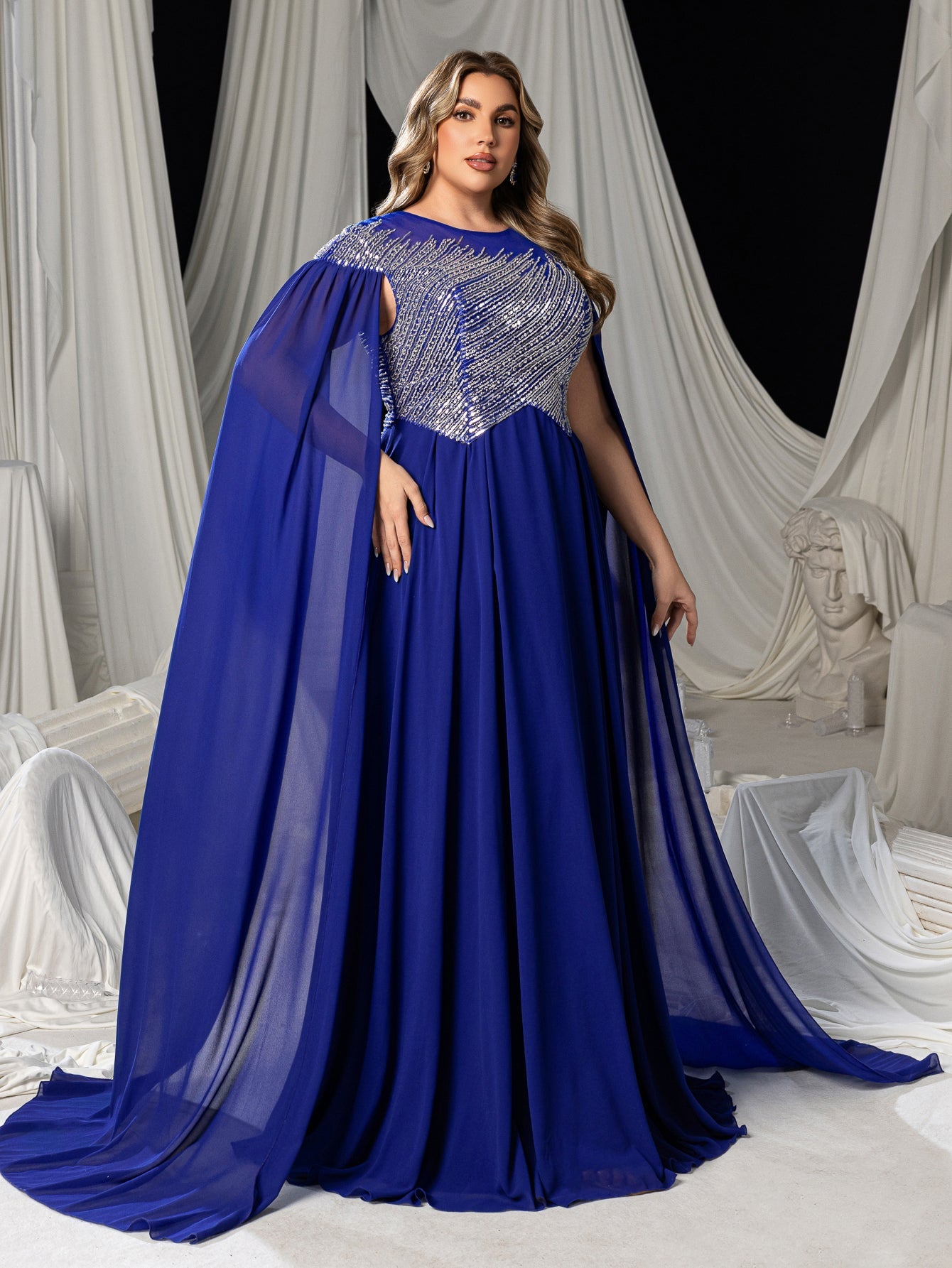 Plus Elegant Chiffon Evening Gown with Beaded Sequin Embellished Bodice, Cape-Style Sleeves & Flowy Floor-Length Skirt, Back Beaded Detail – view 7
