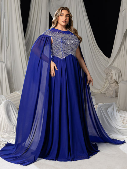 Additional view of Plus-Size Round Neck Sequin Cape A-Line Evening Gown