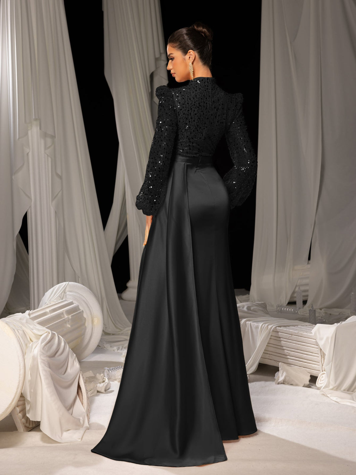 Elegant Satin Evening Gown with High Slit & Crystal-Embellished Sleeves – Luxurious Backdrop for High-End Wedding Receptions or Charity Galas, XS-XL