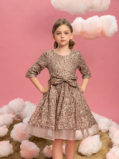 Additional product view of Three-Quarter-Sleeve Bow Detail Sequin A-Line Midi Tween Girls' Party Dress
