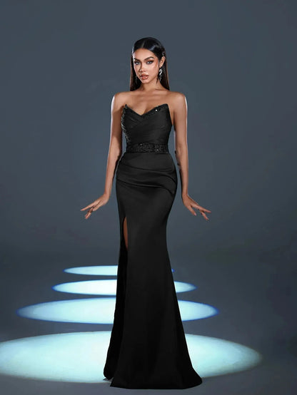 Additional product view of High-Slit Strapless Satin Sequin Mermaid Evening Gown