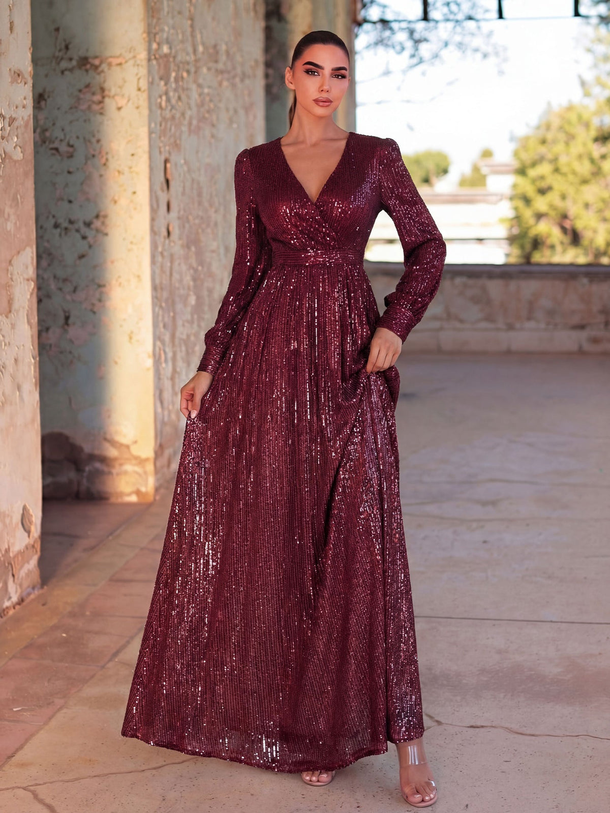 Elegant V Neck Long Sleeves Sequin A Line Dresses