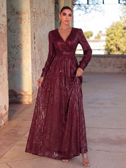 Elegant V Neck Long Sleeves Sequin A Line Dresses