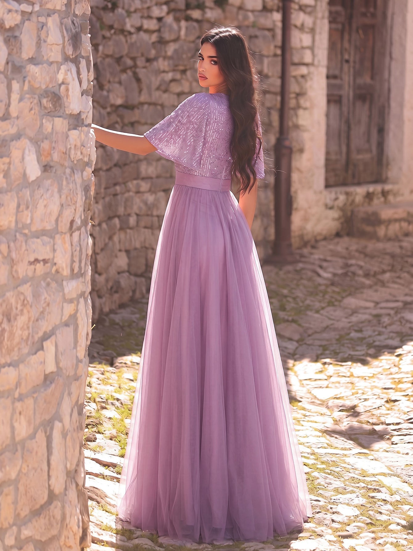 Additional product view of Surplice-Neck V-Neck Mesh Sequin A-Line Evening Gown