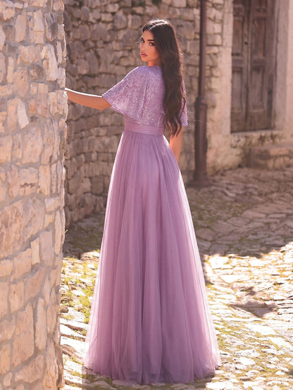 Additional product view of Surplice-Neck V-Neck Mesh Sequin A-Line Evening Gown