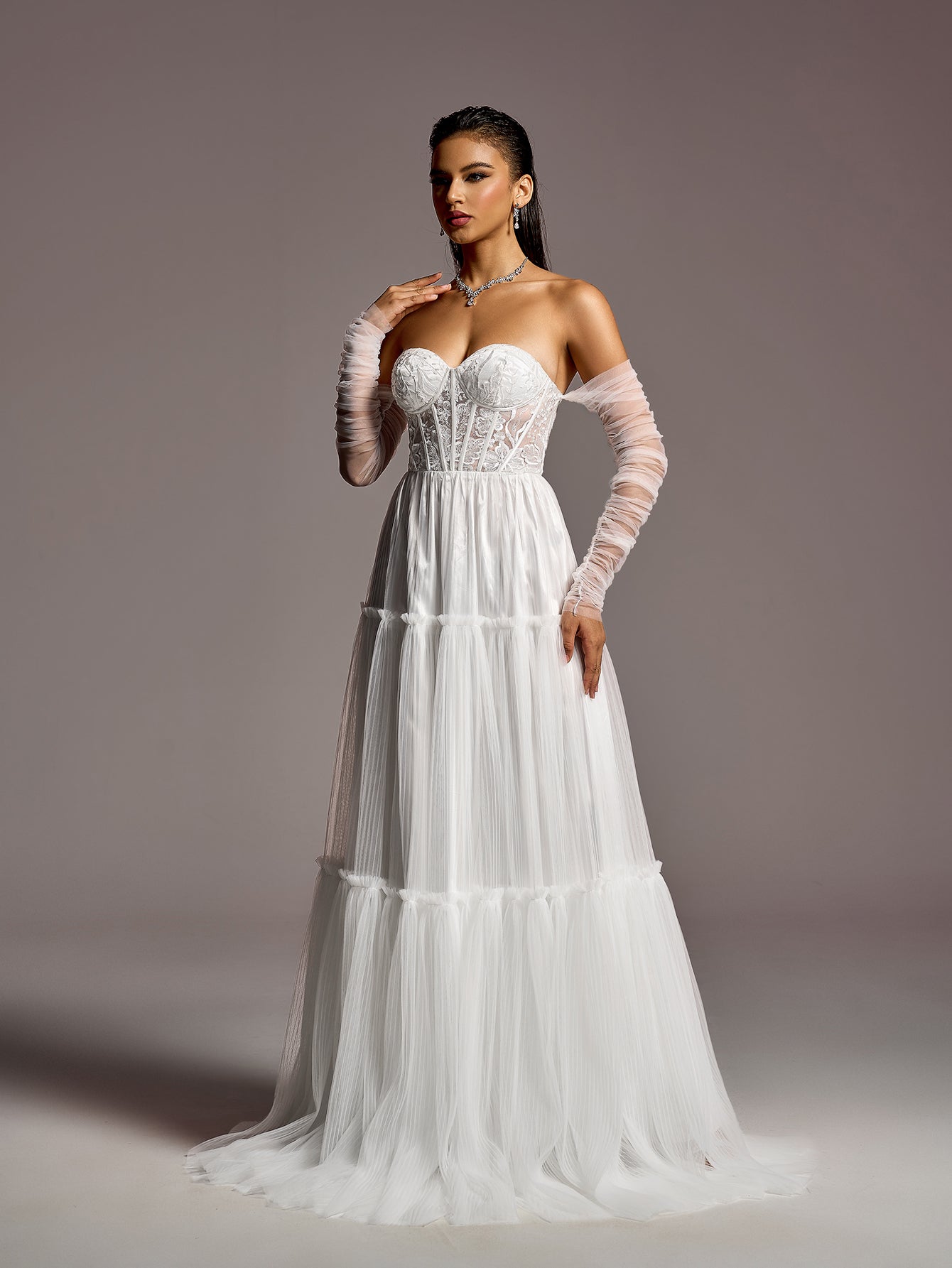 Elegant Lace Corset Bodice Sheer Sleeves A-line Tulle Wedding Dress – view 4