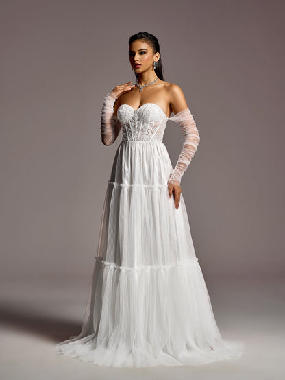 Elegant Lace Corset Bodice Sheer Sleeves A-line Tulle Wedding Dress – view 4