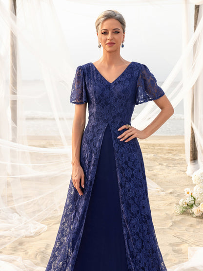 Additional view of Navy Blue V-Neck Lace Floral A-Line Mother of the Bride Dress