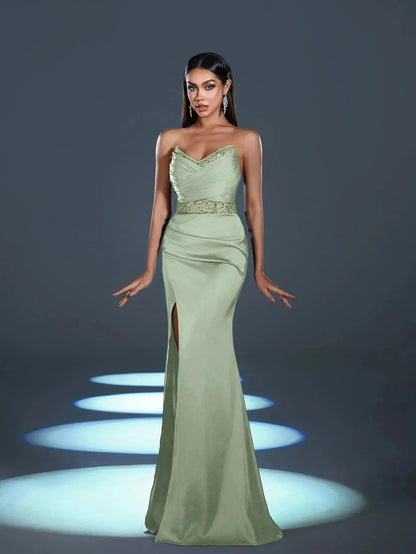 Additional product view of High-Slit Strapless Satin Sequin Mermaid Evening Gown