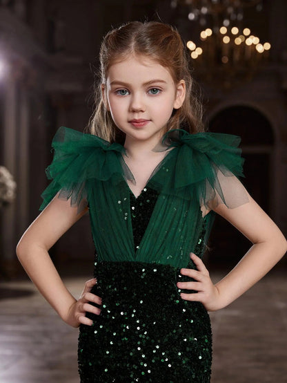 Additional product view of Cloak-Sleeve Mermaid Hem V-Neck Sequin Maxi Tween Girls' Party Dress