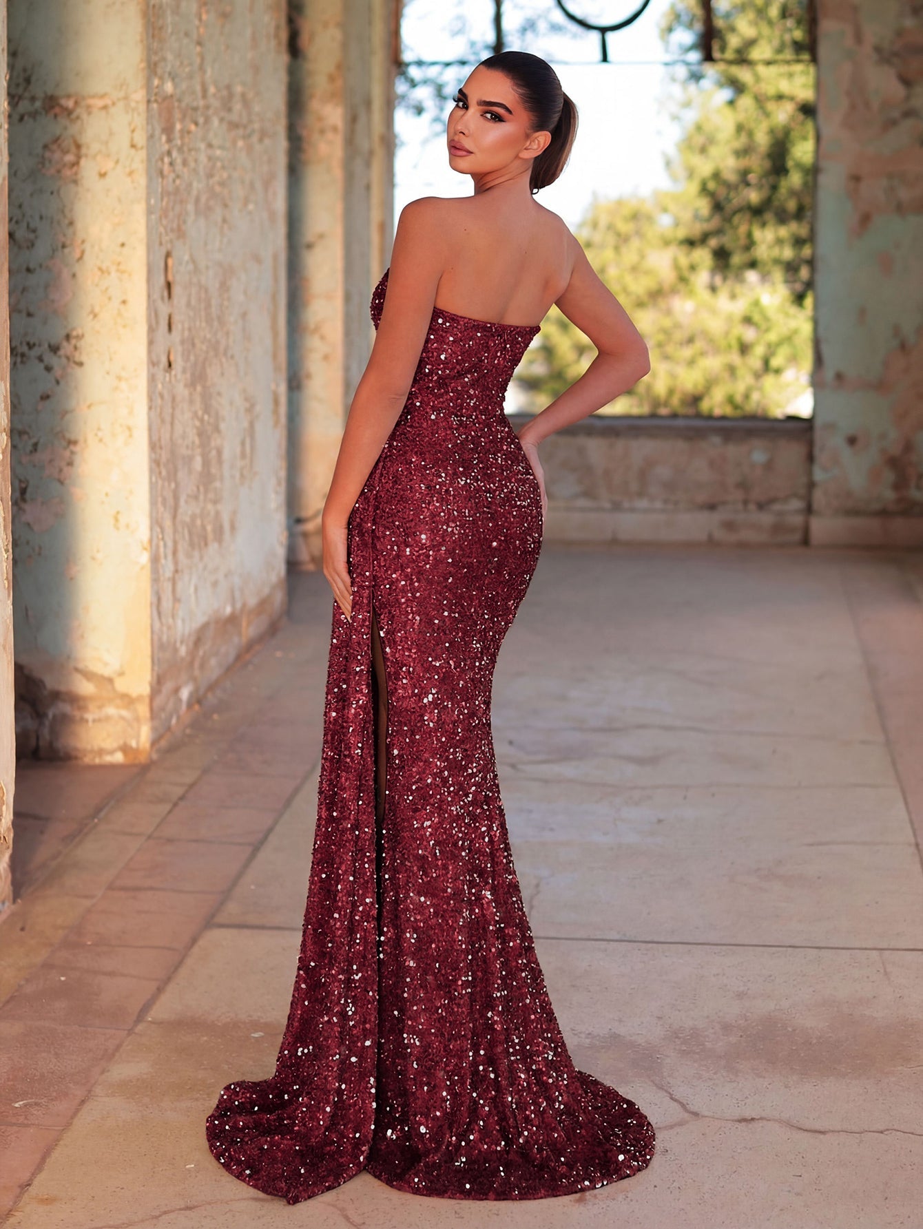 Additional product view of High-Slit Strapless Sequin Mermaid Sleeveless Evening Gown