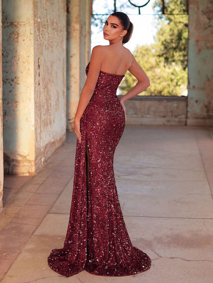 Additional product view of High-Slit Strapless Sequin Mermaid Sleeveless Evening Gown