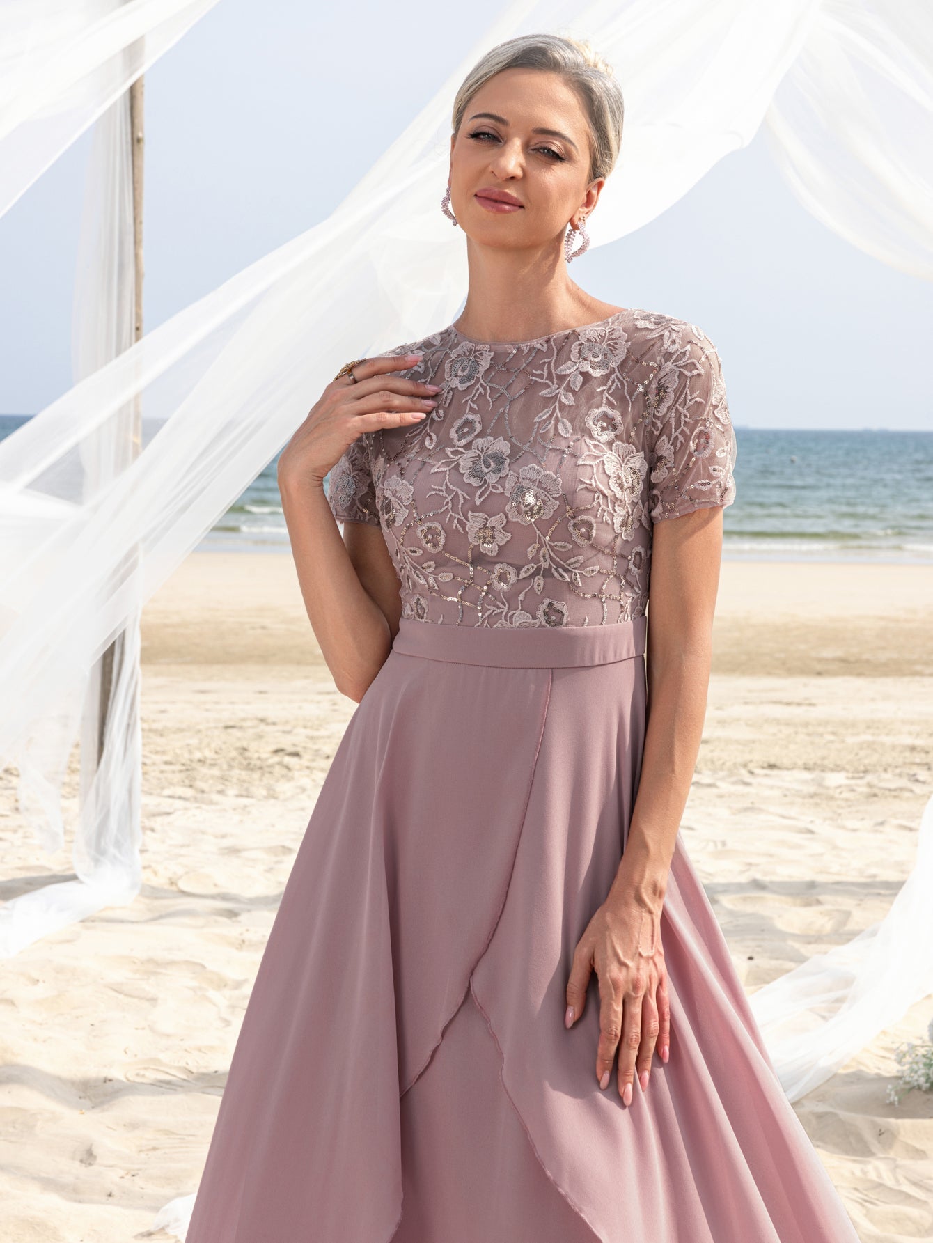 Additional product view of Embroidered Sequin Bodice Asymmetrical Lace Boat-Neck Short-Sleeve Mother-of-the-Bride Dress