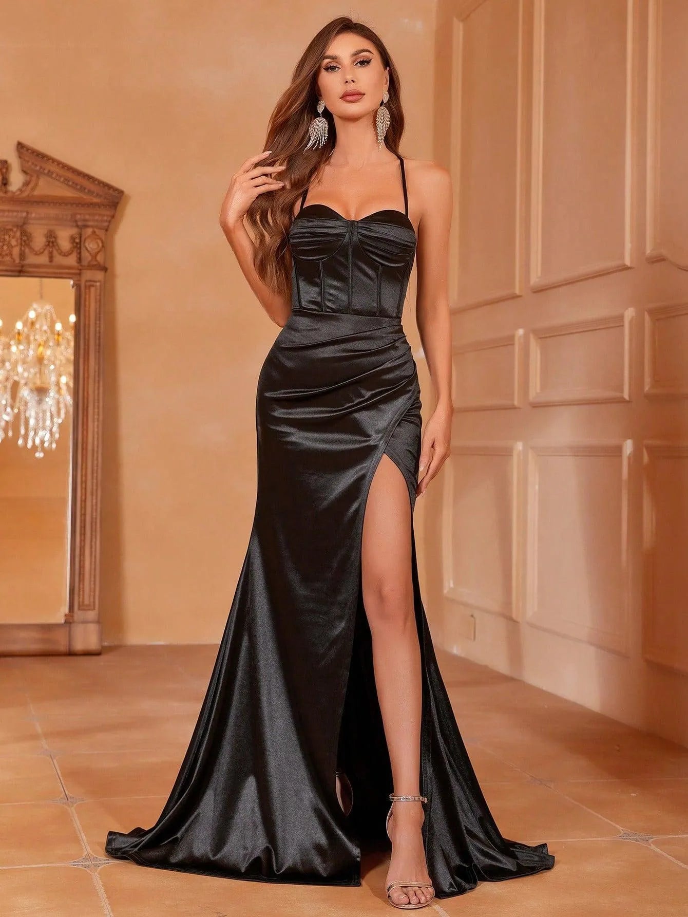 Alternate view of Cami Strap Satin Backless Mermaid Sleeveless Evening Gown in Black