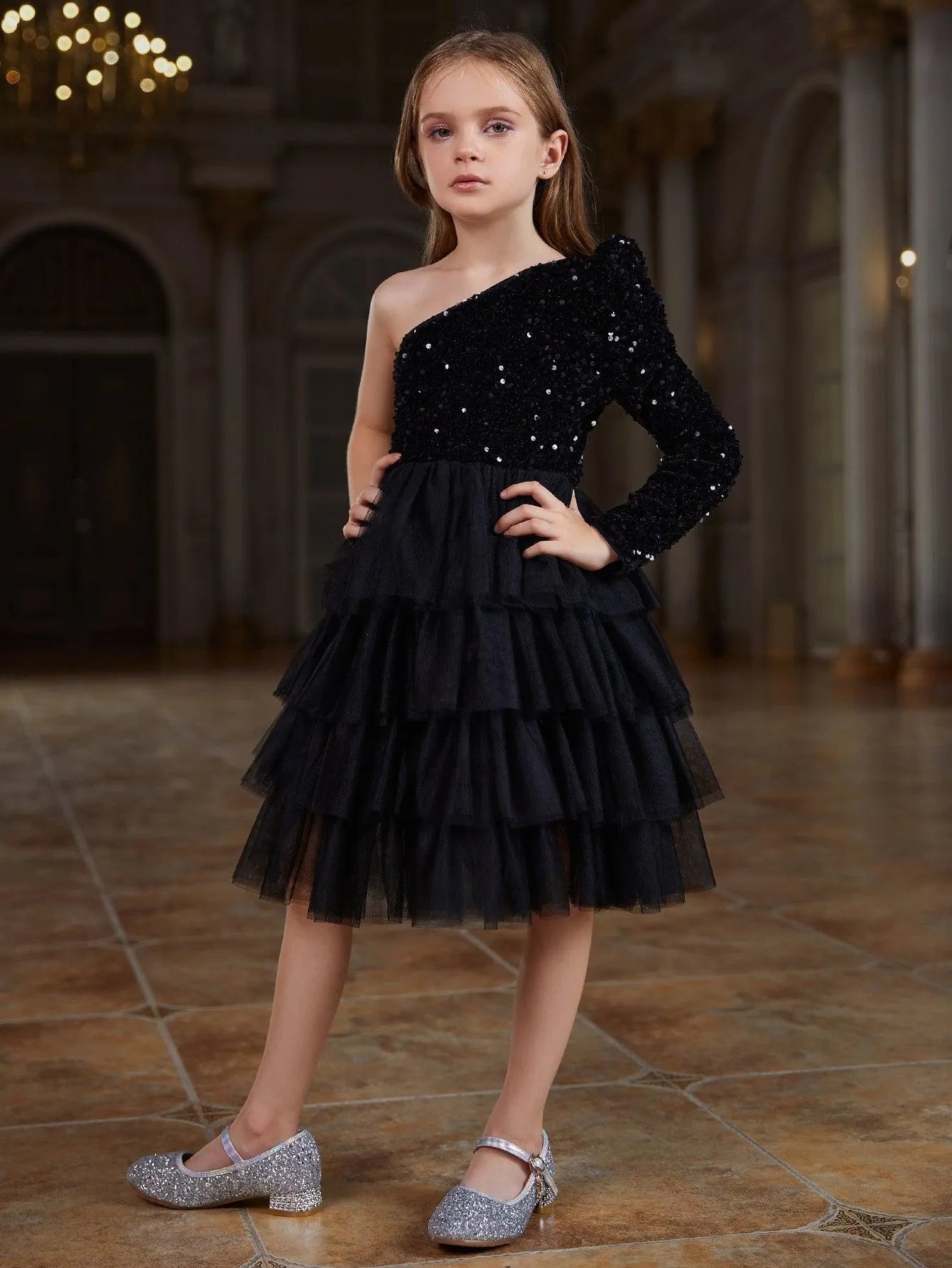 Additional product view of One-Shoulder Sequin A-Line Mesh Midi Tween Girls' Party Dress