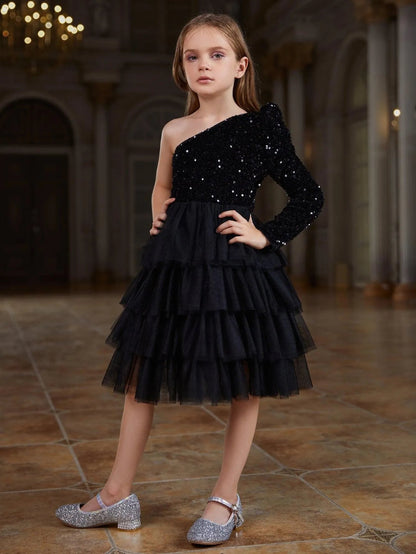 Additional product view of One-Shoulder Sequin A-Line Mesh Midi Tween Girls' Party Dress