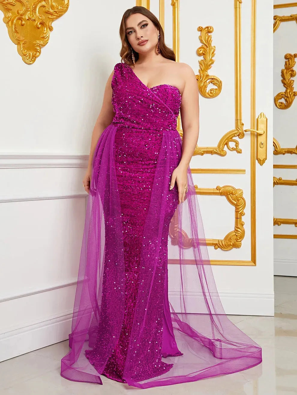 Plus-Size Size One-Shoulder Sequin Mermaid Evening Dress — authorized product image 4